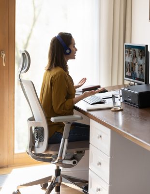 millennial,student,,intern,girl,in,headphones,watching,learning,webinar,,attending